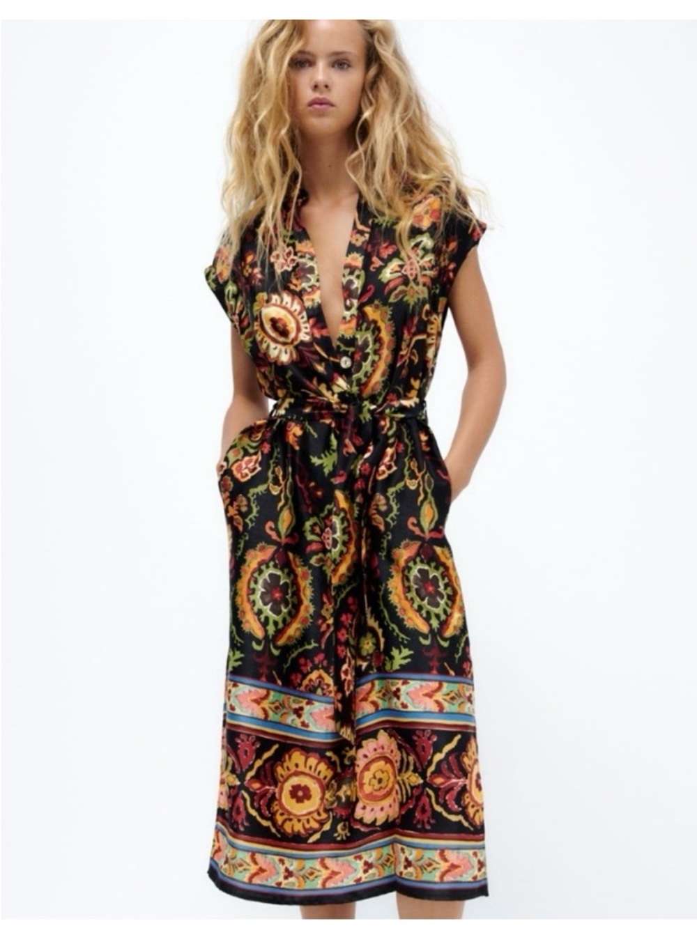 Zara Printed Tunic Midi Shirt Dress Tie Waist Satin Western Boho Pockets Medium